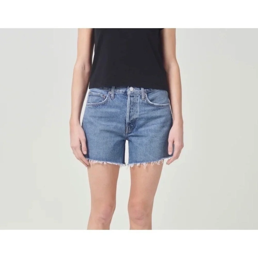 AGOLDE Parker Long High Rise Denim Shorts Skyewave Blue Raw Hem 24